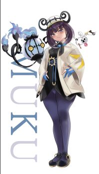 1girl absurdres belt black_dress black_hair black_pantyhose blue_gloves blush breasts chandelure coat dress full_body gen_5_pokemon gen_6_pokemon gloves grey_hat gwynn_(pokemon) hat highres klash klefki long_sleeves looking_at_viewer nintendo pantyhose pokemon pokemon_(creature) pokemon_legends:_z-a purple_eyes short_hair small_breasts white_coat