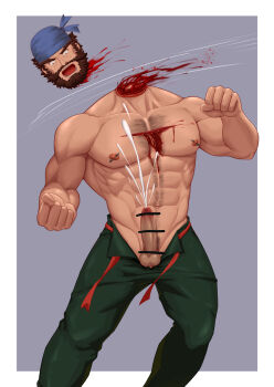 1boy abs aged_up artist_request bar_censor bara beard blood blood_splatter breasts brown_eyes brown_hair censored clothes_pull cum death decapitated_head decapitation disembodied_head ero_guro facial_hair gay guro male male_focus male_gore muscular muscular_male mustache nipple_piercing no_male_underwear original pants pants_pull penis piercing pointless_censoring severed_head solo solo_focus testicles yaoi