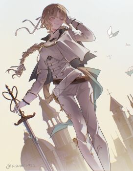 1girl absurdres aiguillette artist_name bell_tower belt bird blue_butterfly braid breasts brown_belt bug building butterfly butterfly_on_sword claymore_(sword) dome dove dutch_angle european_architecture feet_out_of_frame gloves hair_ribbon hand_in_own_hair hashtag-only_commentary highres holding holding_sword holding_weapon insect looking_to_the_side medium_breasts nijisanji official_alternate_costume official_alternate_hairstyle outdoors pants parted_bangs ribbon shirt simple_bird sister_claire smile solo sword usumi0922 virtual_youtuber weapon white_belt white_gloves white_pants white_ribbon white_shirt yellow_eyes