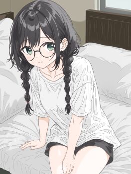 1girl absurdres arm_support bed black-framed_eyewear black_hair black_shorts blush braid closed_mouth collarbone glasses green_eyes hanakuma_chifuyu highres indoors long_hair looking_at_viewer low_twintails on_bed pillow round_eyewear shirt short_shorts short_sleeves shorts sitting solo synthesizer_v t-shirt twin_braids twintails v-lab white_shirt window