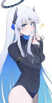 arm_between_breasts arm_strap between_breasts black_one-piece_swimsuit blue_archive blue_eyes blue_hair blue_nails blush breasts caff_(aosui9) closed_mouth colored_inner_hair commentary_request covered_navel cowboy_shot finger_to_mouth fingernails from_side grey-framed_eyewear hair_ornament hair_over_shoulder hairclip halo hands_up highres large_breasts long_hair long_sidelocks looking_at_viewer mechanical_halo multicolored_hair nail_polish noa_(blue_archive) one-piece_swimsuit rectangular_eyewear sidelocks simple_background skin_tight smile sparkle standing swimsuit unworn_eyewear very_long_hair white_background white_hair