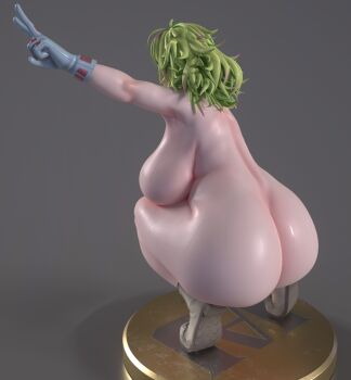 1girl 3d ass back boku_no_hero_academia boots breasts casual completely_nude curvy from_behind gloves green_eyes green_hair grey_background hagakure_toru highres huge_ass huge_breasts medium_hair naked_gloves nude pale_skin shiny_skin sideboob solo squatting thick_thighs thighs usukeninja v wide_hips