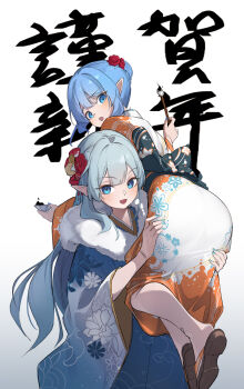 2girls :d aqua_kimono aqua_nails blue_eyes blue_hair blue_kimono blue_nails carrying carrying_over_shoulder carrying_person commentary_request fingernails floral_print flower full_body fur_trim glassowk hair_between_eyes hair_flower hair_ornament highres holding holding_brush japanese_clothes kimono long_hair looking_at_viewer multicolored_kimono multiple_girls nail_polish open_mouth orange_kimono original platform_sandals pointy_ears red_flower sandals short_hair sidelocks simple_background smile translation_request two-tone_kimono upper_body white_background white_kimono wide_sleeves