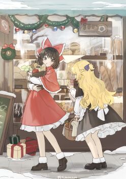 Rule 34 | 2girls, absurdres, back bow, bag, baguette, basket, bell, blonde hair, boots, bow, braid, bread, brown bag, brown boots, brown eyes, brown hair, capelet, carrot, chinese commentary, cowboy shot, dated, dress, food, from behind, full body, fur-trimmed shoes, gift, hair bow, hakurei reimu, half up braid, highres, holding, holding bag, holding basket, kirisame marisa, large bow, long hair, long sleeves, looking inside, multiple girls, open mouth, petticoat, pointing, red bow, red capelet, red dress, shijiu (shizuoxing), shirt, shop, shopping, short hair, sign, snow, standing, tomato, touhou, watermark, white bow, white shirt, winter, wispy bangs, wreath, yellow eyes