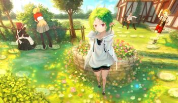 2boys 3girls backyard blue_sky bush day elf flower garden green_hair hand_up lillia_greyrat looking_at_viewer multiple_boys multiple_girls mushoku_tensei paul_greyrat pointy_ears red_eyes rudeus_greyrat sky suikagcy sylphiette_(mushoku_tensei) tree zenith_greyrat