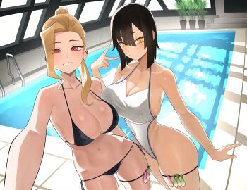 2girls :/ asymmetrical_bangs bikini black_bikini blush bob_cut breasts condom condom_belt condom_thigh_strap ear_piercing earrings eyelashes from_above hair_over_one_eye hair_over_shoulder hazuki_kazue high_ponytail highleg highleg_one-piece_swimsuit highres huge_breasts indoors inverted_bob jewelry long_hair looking_at_viewer lowleg lowleg_bikini medium_hair multiple_girls navel one-piece_swimsuit original piercing ponytail pool raised_eyebrows red_eyes sidelocks skindentation slit_pupils smile swimsuit teeth thigh_strap used_condom v white_one-piece_swimsuit yellow_eyes