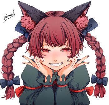 1girl animal_ears artist_name black_bow black_dress black_nails bow braid cat_ears cat_girl colored_inner_animal_ears commentary_request double_v dress extra_ears grin hair_bow hands_on_own_chin highres kaenbyou_rin long_sleeves looking_at_viewer multiple_hair_bows nail_polish narrowed_eyes nuru_himmel pointy_ears red_eyes red_hair red_ribbon ribbon simple_background sleeve_ribbon smile solo touhou twin_braids twintails upper_body v white_background