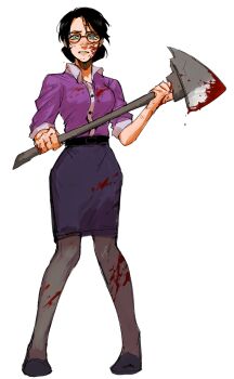 1girl axe belt black-framed_eyewear black_belt black_hair blood blood_on_clothes blood_on_face blood_on_hands blood_splatter bloody_weapon blue_eyes brown_pantyhose collared_shirt full_body glasses hair_bun highres holding holding_axe holding_weapon long_sleeves looking_at_viewer ma2_ereki miss_pauling pantyhose parted_lips pencil_skirt purple_shirt purple_skirt shirt short_hair simple_background skirt solo standing team_fortress_2 weapon white_background wing_collar