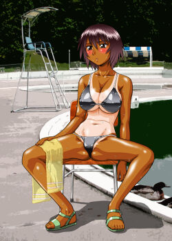 1girl aftersex arm_at_side azumanga_daiou bikini bird black_bikini blush breasts brown_eyes brown_hair chair duck green_sandals hair_between_eyes hand_on_own_thigh holding holding_towel kagura_(azumanga_daioh) ladder large_breasts lifeguard_chair navel non-web_source on_chair one-piece_tan outdoors parted_lips photo_background pool poolside sandals shadow shiny_skin shiny_swimsuit short_hair sitting solo spread_legs sweat swimsuit tan tanline toes tomboy towel umedama_nabu water wide_spread_legs