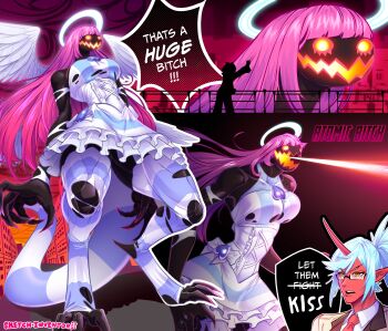 1boy 2girls absurdres angel_wings artist_name blue_hair breasts brief_(psg) colored_skin commentary dress english_commentary english_text frilled_dress frills glasses godzilla_(2014) godzilla_(series) halo highres horns kneesocks_(psg) large_breasts long_hair monster_girl monsterverse mouth_beam multiple_girls necktie panty_&amp;_stocking_with_garterbelt pointy_ears ponytail red_necktie red_skin single_horn sketchinventor stocking_(psg) striped_clothes striped_tail striped_thighhighs tail thighhighs wings yellow_eyes