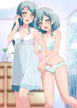 Rule 34 | 2girls, absurdres, aqua bra, aqua hair, aqua panties, arm grab, bang dream!, blurry, blurry background, bow, bow bra, bow panties, bra, braid, breasts, commentary request, commission, crotch seam, depth of field, frilled bra, frilled panties, frills, hand in own hair, highres, hikawa hina, hikawa sayo, indoors, kisaragi setsu (mssk8485), lace, lace-trimmed panties, lace trim, long hair, looking at viewer, medium breasts, medium hair, multiple girls, nightgown, open mouth, panties, partial commentary, pixiv commission, siblings, side braids, sisters, sleepwear, smile, standing, twin braids, underwear, underwear only, yellow eyes