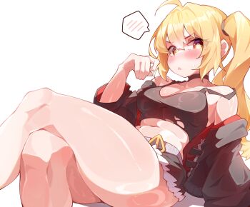 1girl absurdres bare_shoulders blonde_hair blush crop_top curvy highres long_hair looking_at_viewer luciana_de_montefio orcavice short_shorts shorts solo sweatdrop thick_thighs thighs zenless_zone_zero