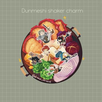 2girls 3boys :o atissueatissue beard bowl bulge chilchuck_tims dungeon_meshi dwarf facial_hair fake_horns falling food_focus helmet highres horned_helmet horns izutsumi laios_touden loincloth long_beard marcille_donato merchandise_available mini_person miniboy minigirl multiple_boys multiple_girls mustache rearing senshi_(dungeon_meshi) shouting sword tearing_up thick_mustache upside-down very_long_beard walking_mushroom_(dungeon_meshi) weapon