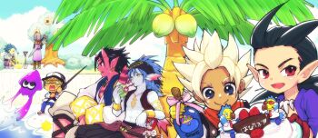 6+boys :d abs alcohol animal_crossing armlet black_hair black_vest blonde_hair blue_eyes blue_hair blue_pants blue_skin blue_sky blush_stickers bottle bracelet brown_hair cake camus_(dq11) character_request cloud coconut_cup coconut_tree colored_skin commentary_request crossover dragon_quest dragon_quest_builders_2 dragon_quest_x dragon_quest_xi drinking_straw earrings erdrick&#039;s_sword fang fins fish_boy fishing fishing_rod food fruit gloves gold_armlet gold_bracelet gold_earrings hair_horns head_fins headphones hero_(dq11) highres holding holding_cake holding_fishing_rod holding_food hoop_earrings horns jewelry king_slime_(dragon_quest) looking_at_food looking_to_the_side male_builder_(dqb2) male_focus medium_hair multiple_boys muscular muscular_male neckerchief necklace nikke-ringo nintendo ogre_(dq10) open_clothes open_mouth open_shirt palm_tree pants planted planted_shovel pointy_ears profile purple_tunic red_eyes red_gloves red_horns red_neckerchief red_sash red_skin sake sake_bottle sash shirt short_hair shoulder_spikes shovel sidoh_(dqb2) single_bang sky smile spiked_hair spikes splatoon_(series) squatting strawberry striped_clothes striped_shirt surprised tan tooth_necklace translation_request tree tunic vest villager_(animal_crossing) weddie_(dq10) yellow-framed_eyewear yellow_eyes
