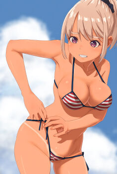 1girl aonori_misuji bikini bikini_tan blue_sky breasts brown_hair cleavage cloud commentary_request cowboy_shot large_breasts lowleg lowleg_bikini original purple_eyes red_bikini short_hair side-tie_bikini_bottom sky solo striepd_bikini swimsuit tan tanline tying wince