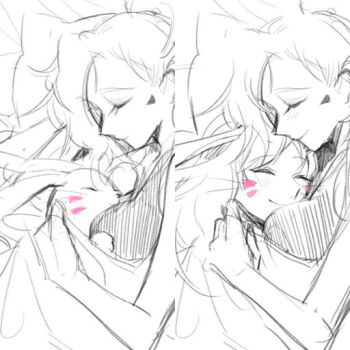 2girls animal bed_sheet blush breasts closed_eyes cuddling d.va_(overwatch) facial_mark giji-p long_hair mercy_(overwatch) monochrome multiple_girls overwatch overwatch_1 pillow rabbit rabbit_ears sleeping sleeping_together yuri