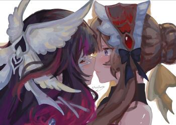 2girls artist_name bare_shoulders black_hair blue_eyes brown_hair closed_eyes columbina_(genshin_impact) commentary detached_collar detached_sleeves dress eye_mask genshin_impact hair_ornament head_wings headdress highres imminent_kiss kitsunetenma long_hair looking_at_another mask multicolored_hair multiple_girls parted_lips pink_hair ribbon sandrone_(genshin_impact) simple_background streaked_hair symbol-only_commentary two-tone_hair white_background white_headdress white_wings wings yuri