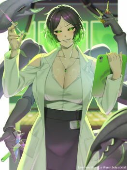 1girl arthropod_girl black_hair black_nails black_sclera black_skirt body_freckles breast_freckles breasts cleavage coat colored_sclera extra_arms freckles green_eyes green_hair highres holding holding_test_tube indie_virtual_youtuber lab_coat large_breasts looking_at_viewer mole mole_under_mouth monster_girl pincers radia_active radiation_symbol scorpion_girl short_hair skirt skull_print smile syringe tablet_pc test_tube ursn_e virtual_youtuber white_coat