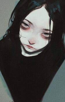 1girl artist_self-insert bags_under_eyes black_dress black_hair closed_mouth dress full_body grey_eyes hair_over_one_eye head_tilt highres looking_at_viewer messy_hair narrowed_eyes original pale_skin solo theytookorange