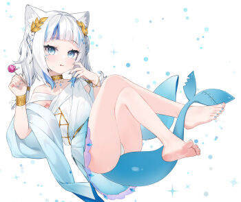 1girl :p animal_ears barefoot blue_eyes blue_nails blunt_bangs bracelet braid candy cat_ears dress facial_tattoo feet fins fish_tail flat_chest food full_body gawr_gura gawr_gura_(party_dress) gold_choker gold_wrist_cuffs gradient_clothes gradient_dress hair_ornament highres holding holding_candy holding_food holding_lollipop hololive hololive_english hoshi_usagi jewelry lollipop looking_at_viewer medium_hair multicolored_hair nail_polish official_alternate_costume panties pendant_choker shark_girl shark_tail sidelocks simple_background soles solo stitches streaked_hair tail tattoo toenail_polish toenails toes tongue tongue_out twintails underwear virtual_youtuber white_background white_dress white_hair white_panties wide_sleeves wrist_cuffs