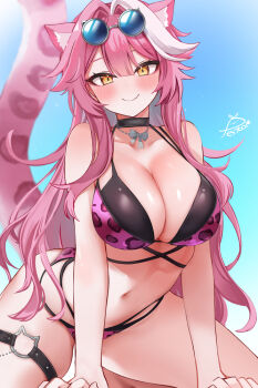 1girl animal_ears animal_print bikini black_choker blue_sky blush breasts choker closed_mouth day festa11307070 hair_intakes hololive hololive_english huge_breasts leopard_print leopard_print_bikini long_hair looking_at_viewer navel panther_ears panther_girl panther_tail pink_bikini pink_hair pink_tail print_bikini raora_panthera signature sky smile solo stomach sunglasses swimsuit tail thighs virtual_youtuber yellow_eyes