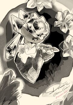 1girl animal_ears artist_name carbink character_name closed_mouth diancie english_text eye_contact female_focus full_body gem gen_6_pokemon geode greyscale hand_up happy legendary_pokemon long_hair looking_at_another looking_down monochrome mythical_pokemon nintendo outline pokemon pokemon_(creature) rock signature smile twintails yueryu_(taroyuer2)