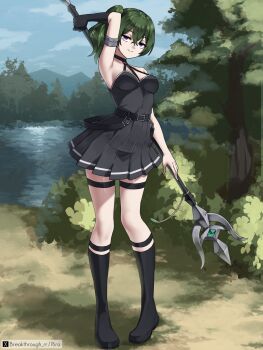 1girl artist_name belt bilingual_commentary black_belt black_boots black_dress black_gloves boots breasts closed_mouth commentary_request completion_time dress full_body gloves green_hair highres holding holding_polearm holding_weapon looking_at_viewer medium_breasts mixed-language_commentary pleated_dress polearm purple_eyes riro_(breakthrough_rr) short_dress side_ponytail single_glove smile solo sousou_no_frieren standing thigh_strap twitter_username twitter_x_logo ubel_(sousou_no_frieren) weapon