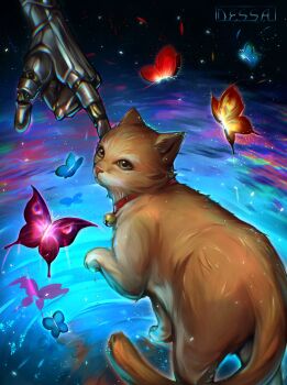 1boy absurdres animal_focus artist_name bell brown_fur bug butterfly cat commentary dessa_nya english_commentary highres insect lies_of_p neck_bell pinocchio_(lies_of_p) prosthesis prosthetic_arm snout spring_(lies_of_p) tail