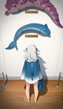 1girl absurdres anal_beads anal_tail asacoco barefoot blue_dress butt_plug commentary dragon_tail dress english_commentary english_text facing_away fake_tail fins fish_tail from_behind full_body gawr_gura gawr_gura_(1st_costume) grey_hair hair_ornament hameru-type_asacoco highres holding hololive hololive_english hooded_dress indoors khyle. kiryu_coco long_hair long_sleeves looking_at_object multicolored_hair placard plaque profanity sex_toy shadow shark_fin shark_hair_ornament shark_tail sign sleeves_past_fingers sleeves_past_wrists solo standing streaked_hair tail two_side_up virtual_youtuber white_hair wooden_floor