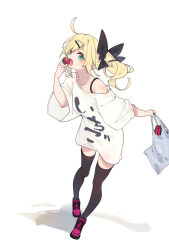 Rule 34 | 1girl, :d, :o, ahoge, aqua eyes, bag, black bow, black thighhighs, blonde hair, blush, bow, clothes writing, collarbone, commentary request, food, fruit, full body, hair bow, hair ornament, hamayumiba sou, highres, holding, holding bag, holding food, holding fruit, leaning forward, long hair, looking at viewer, nukui hayu, ochikobore fruit tart, off shoulder, open mouth, oversized clothes, oversized shirt, pink footwear, plastic bag, shadow, shirt, shoes, simple background, smile, solo, standing, standing on one leg, strap, strawberry, thighhighs, white background, white shirt, x hair ornament