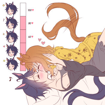 2girls animal_ears black_dress black_hair blue_dress blue_hair breasts brown_hair closed_eyes cuddling dress ear_ornament ear_piercing french_kiss fuji_kiseki_(umamusume) highres horse_ears horse_girl horse_tail jungle_pocket_(umamusume) kiss lying_on_person multicolored_hair multiple_girls pajamas piercing shirt tail tail_wagging umamusume yellow_shirt youngyangtang yuri