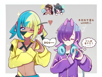 1boy 3girls alynn610 aqua_hair black_hair black_mask blonde_hair blue_eyes blush breasts canari_(pokemon) closed_eyes closed_mouth commentary_request dark-skinned_female dark-skinned_male dark_skin dot_(pokemon) hair_ornament hair_over_one_eye hairclip highres jacket liko_(pokemon) long_hair long_sleeves looking_at_viewer mask mouth_mask multicolored_hair multiple_girls naveen_(pokemon) navel nintendo one_eye_closed open_mouth pants pink_hair pokemon pokemon_(anime) pokemon_horizons pokemon_legends:_z-a purple_hair shirt short_twintails smile split-color_hair sports_bra sweatdrop twintails two-tone_hair two-tone_mask upper_body yellow_jacket yellow_mask yellow_sports_bra