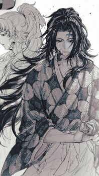 2boys closed_mouth collarbone cowboy_shot earrings greyscale hakama hanafuda_earrings hashtag-only_commentary high_ponytail highres holding holding_sword holding_weapon japanese_clothes jewelry juya15976333 katana kimetsu_no_yaiba kimono long_hair male_focus monochrome multiple_boys ponytail print_kimono scar scar_on_face scar_on_forehead spiked_hair sword tsugikuni_michikatsu tsugikuni_yoriichi very_long_hair weapon white_background