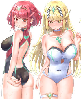 2girls absurdres adjusting_clothes adjusting_swimsuit ass bare_shoulders black_one-piece_swimsuit blonde_hair bob_cut breasts chest_jewel cleavage closed_mouth collarbone commentary_request core_crystal_(xenoblade) covered_navel cowboy_shot earrings from_behind hand_up highres jewelry large_breasts long_hair looking_at_viewer looking_back meipasuye multiple_girls mythra_(radiant_beach)_(xenoblade) mythra_(xenoblade) official_alternate_costume one-piece_swimsuit parted_lips pyra_(pro_swimmer)_(xenoblade) pyra_(xenoblade) red_eyes red_hair short_hair simple_background skindentation strapless strapless_one-piece_swimsuit swimsuit thigh_strap tiara white_background white_one-piece_swimsuit xenoblade_chronicles_(series) xenoblade_chronicles_2 yellow_eyes