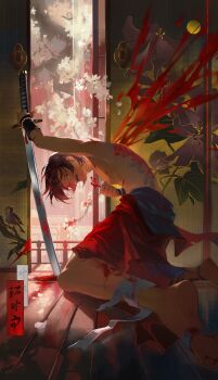 1boy absurdres architecture arm_guards back_tattoo bandaged_leg bandages barefoot bead_bracelet beads black_hair blood blood_on_wall blood_splatter bloody_bandages bracelet cherry_tree crying crying_with_eyes_open dramatical_murder east_asian_architecture flower hair_ornament hairpin highres holding holding_hairpin holding_sword holding_weapon japanese_clothes jewelry katana kimono koujaku leg_tattoo male_chest male_focus nipples nitro+_chiral petals scar sliding_doors sword tattoo tears topless_male torn_bandages torn_clothes weapon white_flower wooden_floor xinjinjumin297778922468
