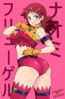 1girl ass bare_shoulders blush breasts from_behind gloves hair_ornament hand_on_own_chest hand_on_own_hip highres huge_ass jarckius large_breasts legs long_hair looking_at_viewer looking_back midriff naomi_fluegel open_mouth purple_eyes red_hair short_shorts shorts smile solo thick_thighs thighhighs thighs zoids