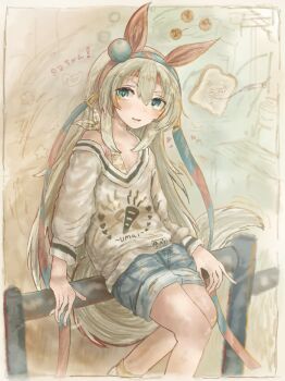 1girl absurdres animal_ears axeisland bikini blue_eyes blue_hairband blue_shorts collarbone fang green_bikini grey_hair hair_between_eyes hairband highres horse_ears horse_girl horse_tail long_hair parted_lips pom_pom_(clothes) shorts single_off_shoulder skin_fang solo sweater swimsuit tail tamamo_cross_(umamusume) umamusume very_long_hair white_sweater