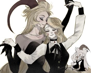 Rule 34 | 2girls, absurdly long hair, black dress, blonde hair, charlie morningstar, demon girl, demon horns, dress, hazbin hotel, hellaverse, highres, horns, lilith (hazbin hotel), long hair, low-tied long hair, mother and daughter, multiple girls, tppiiiiqqt, very long hair