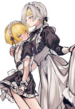 1boy 1girl back back_cutout black_dress blonde_hair clenched_teeth clothes_lift clothing_cutout commentary_request dress frills grey_hair height_difference highres kromer_(project_moon) limbus_company maid maid_headdress migishita multicolored_hair partial_commentary project_moon sinclair_(project_moon) skirt skirt_lift teeth two-tone_hair white_background wrist_cuffs