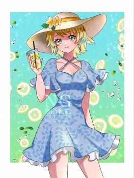 1girl alternate_costume blonde_hair blue_dress blue_eyes blue_hair blush breasts closed_mouth collarbone criss-cross_halter cup dress earrings fire_emblem fire_emblem_heroes fjorm_(fire_emblem) flower food fruit gradient_hair halterneck hat hat_flower highres holding holding_cup jewelry lemon lemon_slice lemonade looking_at_viewer multicolored_hair nintendo nonoworks short_hair smile solo sun_hat