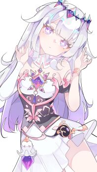 Rule 34 | 1girl, \m/, absurdres, berrychan00, black corset, bridal gauntlets, chest jewel, circlet, colored inner hair, corset, cowboy shot, detached collar, double \m/, dress, gem, gem hair ornament, grey hair, hair flaps, hands up, highres, hololive, hololive english, koseki bijou, koseki bijou (1st costume), looking at viewer, material growth, metal wings, multicolored gem, multicolored hair, pleated dress, purple eyes, purple gem, purple hair, single arm guard, single bridal gauntlet, underbust, virtual youtuber, white bridal gauntlets, white dress