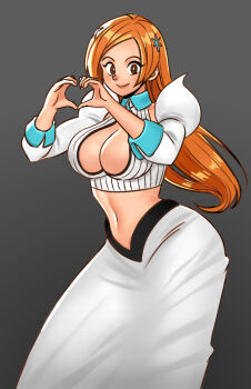 1girl bleach bleach:_sennen_kessen-hen breasts brown_eyes cleavage cleavage_cutout clothing_cutout hair_ornament inoue_orihime large_breasts long_hair midriff orange_hair tagme