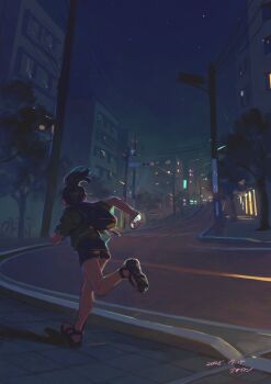 1girl akaneko_(redakanekocat) backpack bag black_hair black_shorts building cellphone city crosswalk dated facing_away green_shirt highres holding holding_phone night original outdoors phone ponytail power_lines road running sandals scenery shirt shorts sky smartphone solo star_(sky) starry_sky traffic_light tree
