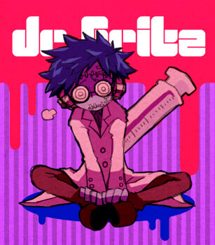 1boy 73_(naa) @_@ blood blood_drip blue_hair blue_skin brown_pants butterfly_sitting character_name coke-bottle_glasses colored_shadow colored_skin commentary_request dr._fritz_(gregory_horror_show) full_body glasses gregory_horror_show hands_on_own_feet knees_apart_feet_together lab_coat large_syringe male_focus oversized_object pants puff_of_air purple_background screw shadow short_hair sitting solo stitched_forehead stitched_mouth stitches striped_background syringe v_arms