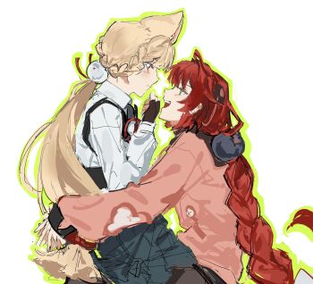 Rule 34 | 2girls, alice thymefield, animal ear fluff, animal ears, arms around waist, black gloves, blonde hair, braid, braided twintails, brown pantyhose, cardigan, closed mouth, commentary, english commentary, eye contact, fingerless gloves, from side, gloves, green eyes, green outline, green skirt, hair ornament, hearing aid, highres, long hair, looking at another, low twintails, multiple girls, open mouth, outline, pantyhose, pink cardigan, rabbit ears, rabbit girl, red eyes, red hair, sanguinegaze, shirt, simple background, sitting, sitting on person, skirt, sphere hair ornament, twintails, ukinami yuzuha, upper body, white background, white shirt, yuri, zenless zone zero