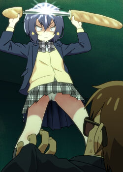 Rule 34 | 1boy, 1girl, angry, baguette, black hair, bow, bread, brown hair, concealed weapon, drawing sword, flower, food, from below, hair flower, hair ornament, highres, holding, holding sword, holding weapon, mizuno ai, ogyadya, panties, pantyshot, school uniform, shaded face, standing, sunglasses, sword, tatsumi koutarou, underwear, unmoving pattern, weapon, white panties, you gonna get raped, zombie land saga