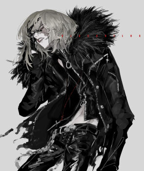 Rule 34 | 1boy, absurdres, artist name, black gloves, black jacket, black pants, black vest, blackvelox, clenched teeth, cowboy shot, death note, facial scar, fur-trimmed jacket, fur trim, gloves, grey background, grey hair, hair between eyes, hand in own hair, hashtag-only commentary, highres, jacket, leather, leather jacket, looking at viewer, male focus, medium hair, mello (death note), midriff, pants, parted lips, scar, scar across eye, scar on cheek, scar on face, solo, teeth, vest, zipper pull tab