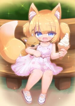 1girl animal_ear_fluff animal_ears bench blonde_hair blue_eyes commentary_request dress food fox fox_ears fox_girl fox_tail highres ice_cream ice_cream_cone long_hair open_mouth original outdoors pink_dress re_stew shoes sitting sleeveless sleeveless_dress smile soft_serve sundress tail twintails white_shoes