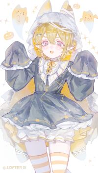 1boy :3 absurdres alternate_costume animal_ears aotu_world artist_name black_dress blonde_hair bloomers blue_eyes blush cat_boy cat_ears chinese_commentary crossdressing crossdressing_(mtf) dress eyelashes fang frilled_dress frills ghost hair_ornament hairclip halloween halloween_costume hands_up highres kemonomimi_mode king_(aotu_world) long_sleeves looking_at_viewer male_focus neck_ribbon open_mouth outstretched_arms pale_skin plutoray pointy_ears pumpkin ribbon short_hair sleeves_past_fingers sleeves_past_wrists smile solo sparkle striped_clothes striped_thighhighs thighhighs trap twitter_username two-sided_veil underwear veil white_background white_bloomers white_veil yellow_ribbon zettai_ryouiki zombie_pose