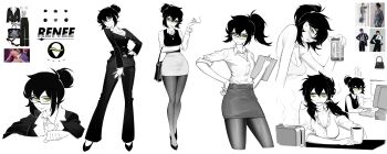 1girl absurdres aierlaobo alternate_costume arm_rest arm_under_breasts bag bags_under_eyes bare_arms bare_shoulders bra breasts buttons can character_name cigarette cleavage clenched_teeth clipboard closed_mouth collarbone collared_shirt commentary computer computer_keyboard cropped_legs cropped_torso cup double-parted_bangs drink_can elbow_carry english_commentary frown full_body glasses green_eyes greyscale hair_between_eyes hair_bun hair_over_shoulder hair_tie hand_on_own_hip handbag high_contrast high_ponytail highres holding holding_bag holding_can holding_cigarette holding_clipboard jacket jewelry lapels layered_sleeves legs_apart legs_together long_hair long_sleeves looking_at_object looking_at_viewer medium_breasts messy_hair miniskirt monochrome mouth_hold multiple_views necklace notched_lapels pants pantyhose paper pencil_skirt ponytail raised_inner_eyebrows rectangular_eyewear reference_inset renee_graves shirt shirt_tucked_in shoes short_hair short_sleeves simple_background single_hair_bun single_tear skirt spot_color sweater_vest table teeth the_coffin_of_andy_and_leyley toaster underwear upper_body white_background